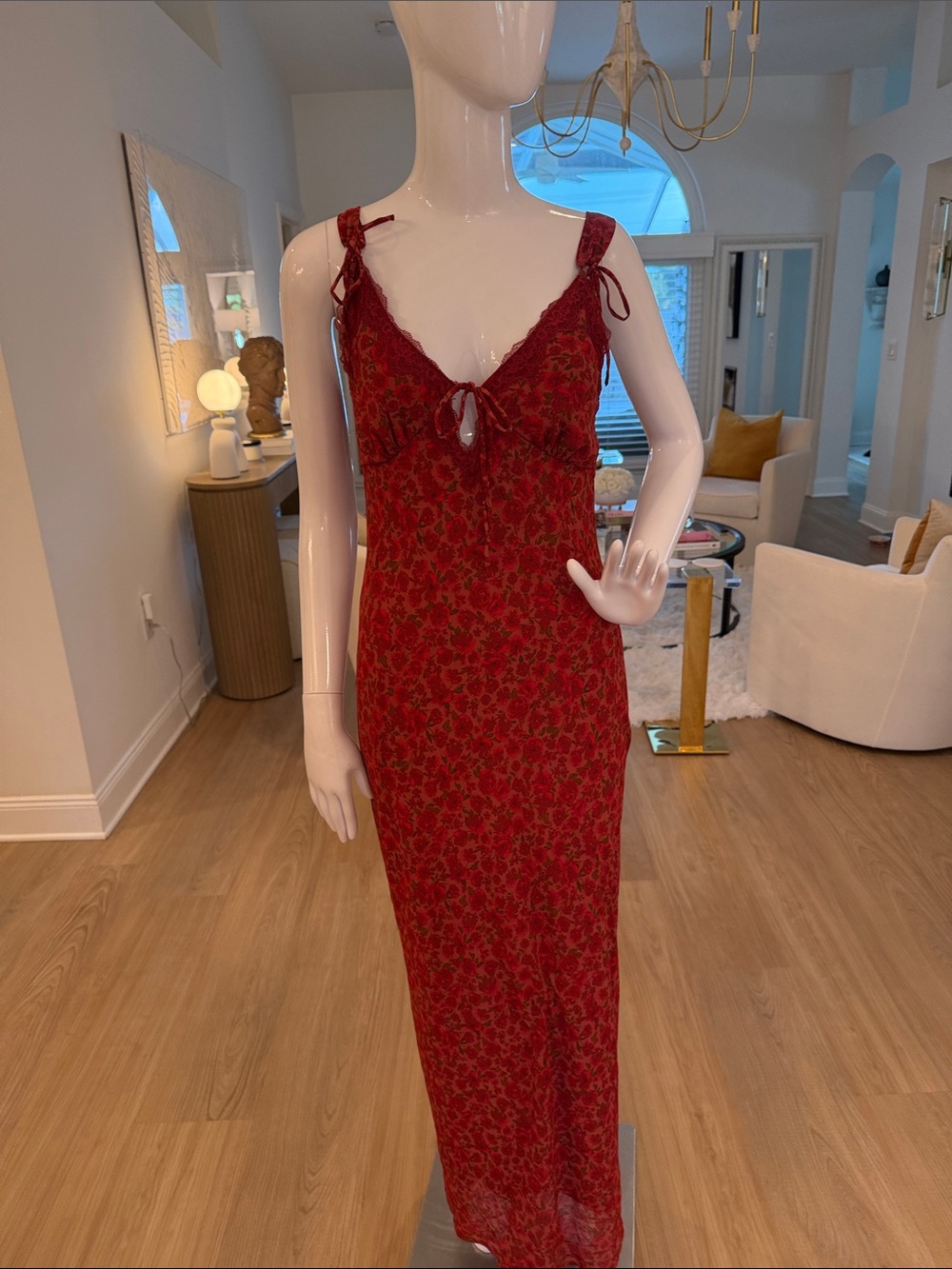 Red Floral Tie-Shoulder Maxi Dress